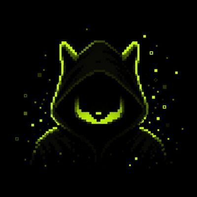 A dark pixel-art style image featuring a hooded figure with glowing green eyes and cat-like ears, surrounded by small glowing green squares on a black background.