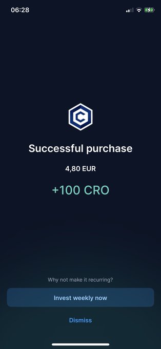 A mobile app confirmation screen with a dark blue gradient background, displaying 'Successful purchase', '4.80 EUR', and '+100 CRO', with options to 'Invest weekly now' or 'Dismiss'.