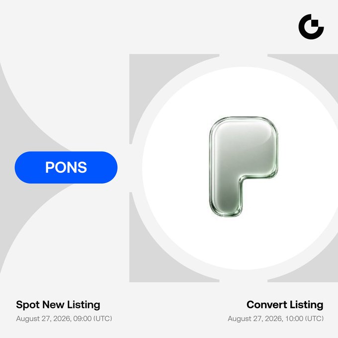 Gate.io announcement graphic for the $PONS token listing, featuring a 3D glass-style "P" logo with a blue "PONS" label, and detailing the Spot New Listing at 09:00 (UTC) and fee-free Convert Listing at 10:00 (UTC) on August 27, 2026.