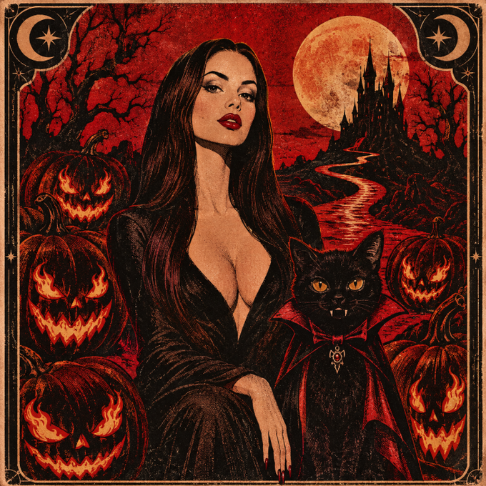A gothic Halloween-themed illustration featuring a pale woman with long dark hair and red lips alongside a black vampire cat in a red cape, surrounded by glowing jack-o'-lanterns under a blood moon.
