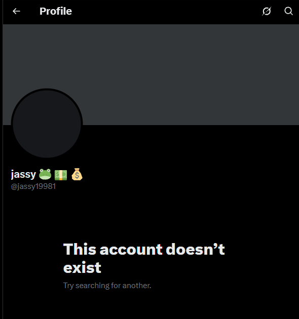 A screenshot of an X (formerly Twitter) profile page for user 'jassy' (@jassy19981) displaying the message 'This account doesn't exist.'