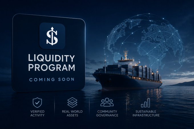 A promotional banner for a 'LIQUIDITY PROGRAM - COMING SOON' featuring a cargo ship and digital globe, with icons for Verified Activity, Real World Assets, Community Governance, and Sustainable Infrastructure.