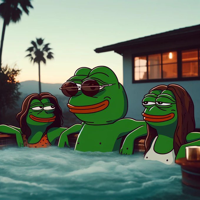 A digital illustration of three Pepe the Frog characters relaxing in a hot tub at sunset, with one wearing sunglasses, set against a house and palm trees.