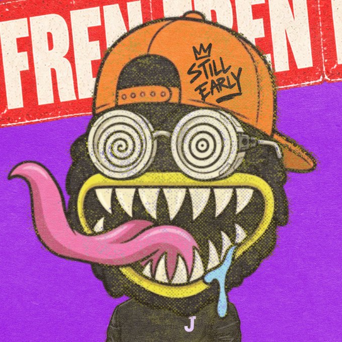 A colorful cartoon illustration of a dark fuzzy monster wearing an orange 'STILL EARLY' cap and spiral glasses, with a wide toothy grin, pink tongue, and drool, against a purple background with a red 'FREQUENCY' banner.