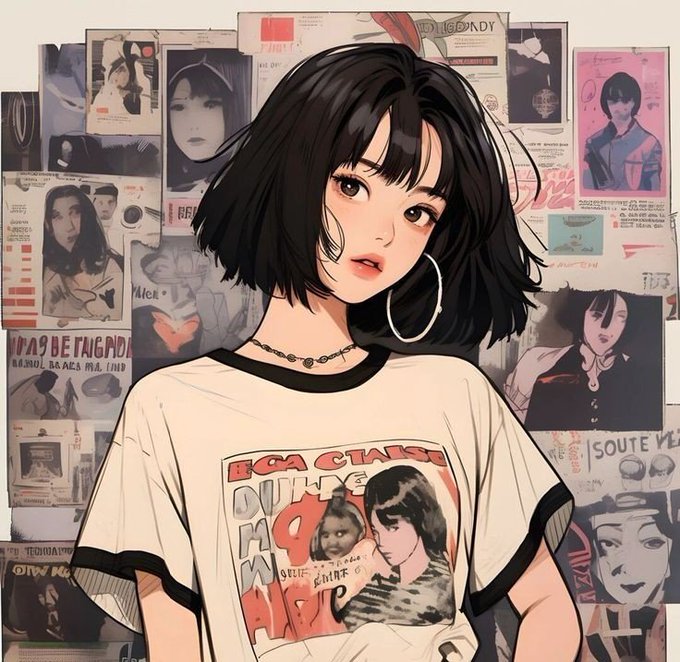 The image features a young girl wearing a white shirt, posing for the camera. The girl has a unique style with bangs and hoop earrings that make her stand out. Behind her are pictures of different people, which suggests she might be sharing some content from this post on social media. The surrounding elements convey a sense of fashion or lifestyle-related theme related to the young girl's appearance. As the image is quite colorful and artistic, it likely has some connection with the provided hashtag, #useTria or possibly a similar social media platform where people share creative or style-related content.