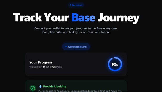 The image shows a screenshot of a website called "base-checklist.vercel.app", which appears to be an online tool or checklist related to the base ecosystem, possibly for tracking progress during a base check or airdrop. The main focus is on the text displayed in the image, which reads: "Track Your Base Journey". This suggests that the website is designed to help users keep track of their transactions and progress within the base ecosystem.