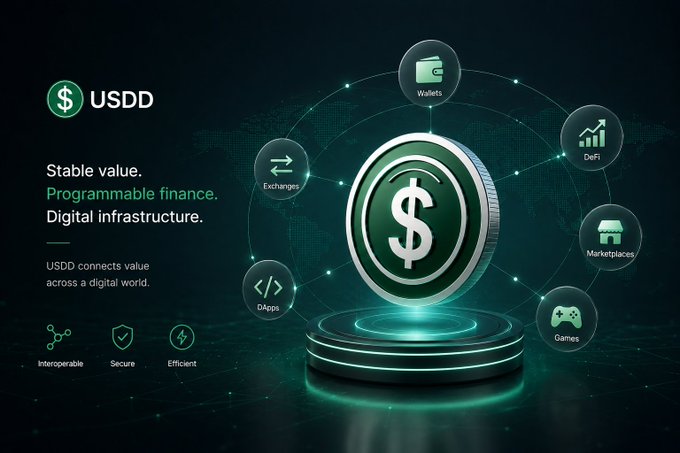 A promotional image for 'USDD' cryptocurrency highlights 'Stable value. Programmable finance. Digital infrastructure.' alongside icons for Wallets, Exchanges, DeFi, DApps, Marketplaces, and Games.