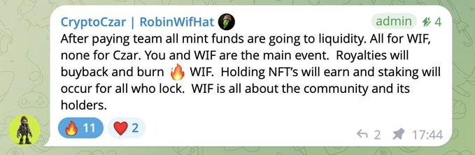A Telegram message from CryptoCzar | Robin | RobinWiF Hat (admin) stating that mint funds will go to liquidity for WIF and Czar tokens, with royalties buying back and burning WIF, and staking for holders who lock tokens.