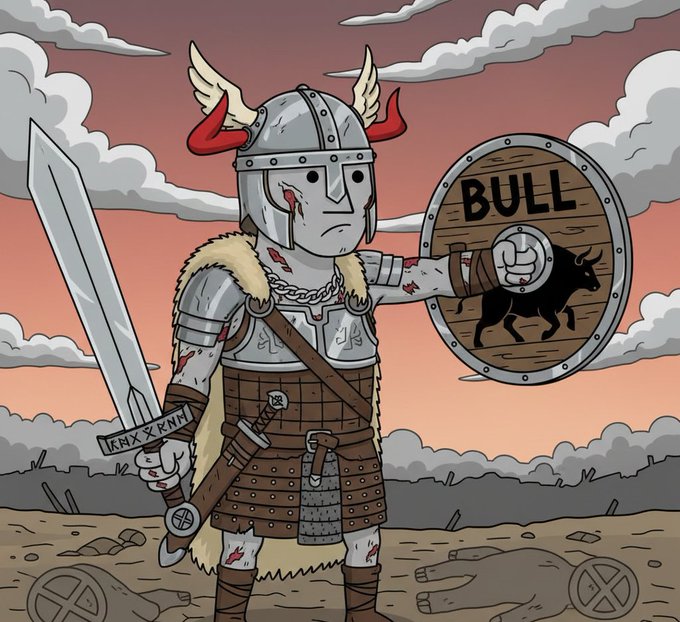 A cartoon Viking warrior with red horns on a winged helmet, holding a sword and a wooden shield labeled 'BULL' featuring a black bull silhouette, standing in a battlefield scene.