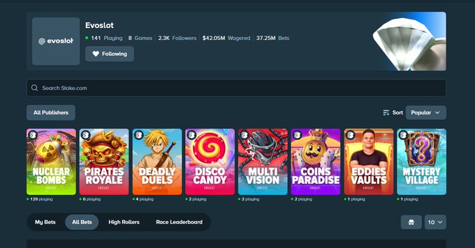 Screenshot of a Stake.com profile page for user 'Evoslot' showing 141 players, 8 games, 2.3K followers, $42.05M wagered, and 37.25M bets, with various slot games displayed including Nuclear Bombs, Pirates Royale, Deadly Duels, Disco Candy, Multi Vision, Coins Paradise, Eddies Vaults, and Mystery Village.
