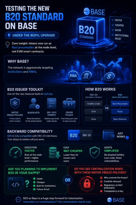 Infographic titled 'TESTING THE NEW B20 STANDARD ON BASE' detailing features like native freeze policies, blacklist actors, ERC-2612 permits, and issuer toolkits, with sections on backward compatibility and centralization risks.