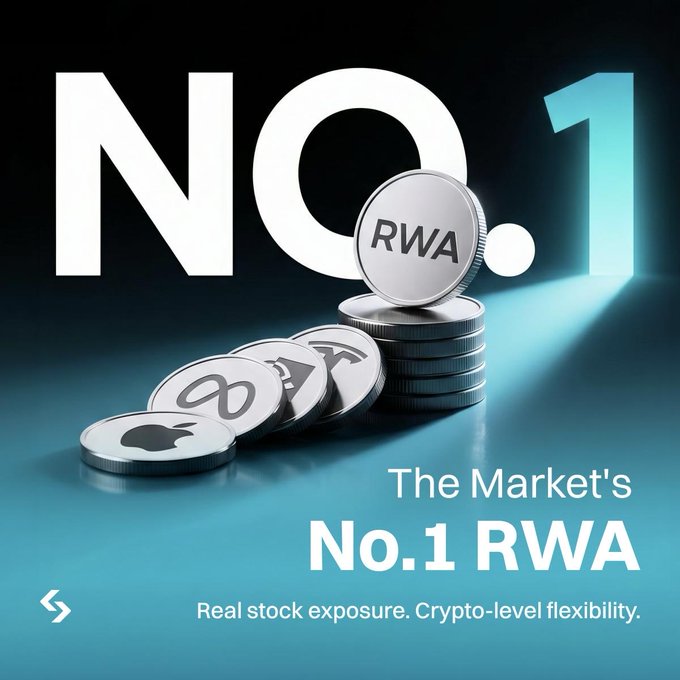 A dark, 3D-rendered promotional graphic features a large illuminated "NO. 1" behind a stack of silver coins—one engraved with "RWA"—alongside scattered coins showing Meta's infinity logo and the Apple logo, accompanied by the tagline "The Market's No.1 RWA — Real stock exposure. Crypto-level flexibility."

This image directly illustrates the post's frustration by visually representing the solution: a single platform (highlighted by the RWA coin and No. 1 ranking) that unifies stock exposure of major companies like Apple and Meta with crypto flexibility, eliminating the need to split a portfolio across separate exchanges and brokers.