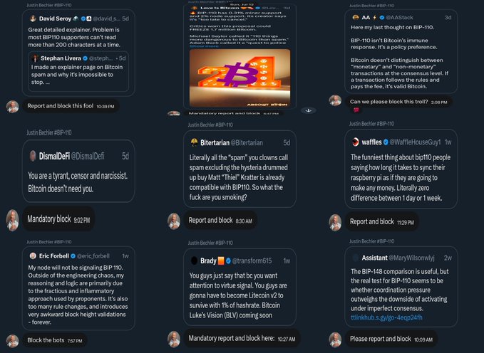 A grid of Twitter/X posts criticizing Bitcoin's BIP-110 proposal, featuring quotes from David Seroy, DismalDeFi, B1t3rtarian, Stephen Livera, Eric Forbell, Brady, and others opposing the BIP-110 support policy. The "Tick Tock next Block" caption reflects the urgency expressed in the posts, with users calling for community action to block BIP-110 before its implementation.