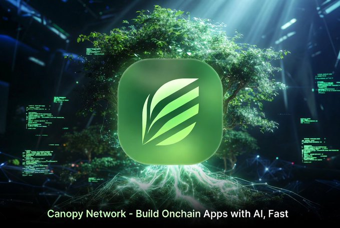 A promotional image for 'Canopy Network' with the tagline 'Build Onchain Apps with AI, Fast', showing a green leaf logo on a glowing app icon surrounded by a tree and digital code.