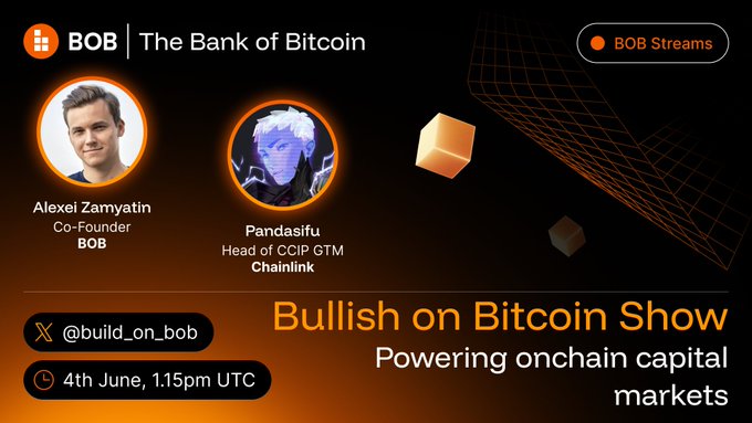 The image features a poster for an event called "Bullish on Bitcoin Show" that takes place on Thursday, July 13th at 4:15 PM. The poster also includes information about the event's sponsors, such as Fidelity and Coinbase, who are featured in the image. The text on the poster highlights the importance of cross-chain infra for the development of onchain capital markets, with Bitcoin being one of the key players in this ecosystem.