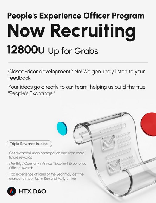 The image features a poster or flyer for an event related to the People's Experience Officer Program at HTXDA. The poster has a clear glass background with text written in white and red colors, which reads "People's Experience Officer Program Now Recruiting 12800U Up For Grabbs". The poster also includes a list of benefits that come with participating in this program, such as the opportunity to receive triple rewards for June, an experience officer award, and a chance to win an office chair.