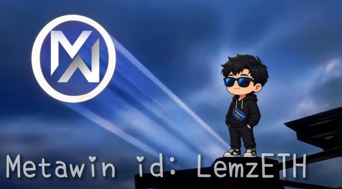 A cartoon character wearing sunglasses and a hoodie stands on a rooftop against a blue sky backdrop, with a circular logo featuring a stylized "M" displayed prominently. The text "Metawin id: LemzETH" is shown at the bottom, representing the Metawin gaming platform with the user's ID, aligning with the post's birthday wish and reference to using the LemzETH account to chase a maxwin.