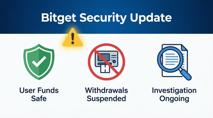 A Bitget Security Update graphic with three icons indicating 'User Funds Safe' (green shield with checkmark), 'Withdrawals Suspended' (red circle with ATM crossed out), and 'Investigation Ongoing' (blue document with magnifying glass).