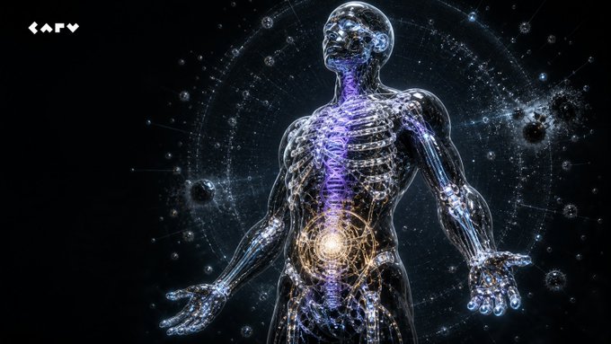 A futuristic digital humanoid with a translucent, glowing skeletal structure stands against a dark cosmic backdrop, with luminous energy radiating from a central core along its spine. In the upper-left corner is the "ARV" logo, which corresponds to the post describing an AI being's anatomy—where the visible skeleton symbolizes the agent execution chain, and the pulsing energy core represents the token-rewarded metabolism of honest behavior.
