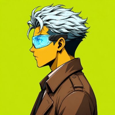An anime-style profile illustration of a character with spiky white hair wearing futuristic blue visor glasses and a brown leather jacket against a bright yellow background.