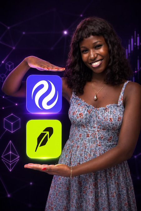 A smiling woman in a blue floral dress stands against a purple background with geometric and chart graphics, holding two glowing app icons—a blue wave logo and a green feather quill logo—between her hands.