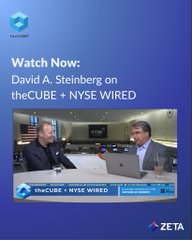 The image is a promotional graphic featuring a screenshot of David Steinberg's interview on theCUBE + NYSE WIRED, with text highlighting the post's key claim of a 283% return on technology spend with $ZETA, visually tying the CEO's on-camera appearance to the impressive ROI statistic shared in the post.