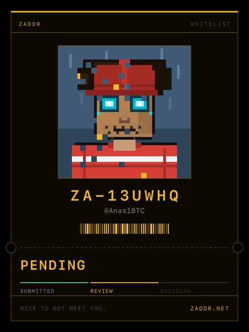 A pixel-art NFT-style card shows a character in a red hat and shirt, labeled "ZA-13UWHQ" by @Anas1BTC, with a "PENDING" status and "ZADDR WHITELIST" header.
