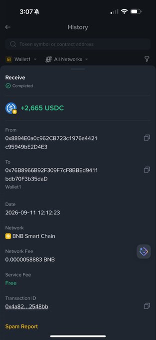 A mobile cryptocurrency wallet history screen showing a completed transaction of receiving +2,665 USDC via BNB Smart Chain on 2026-09-11.