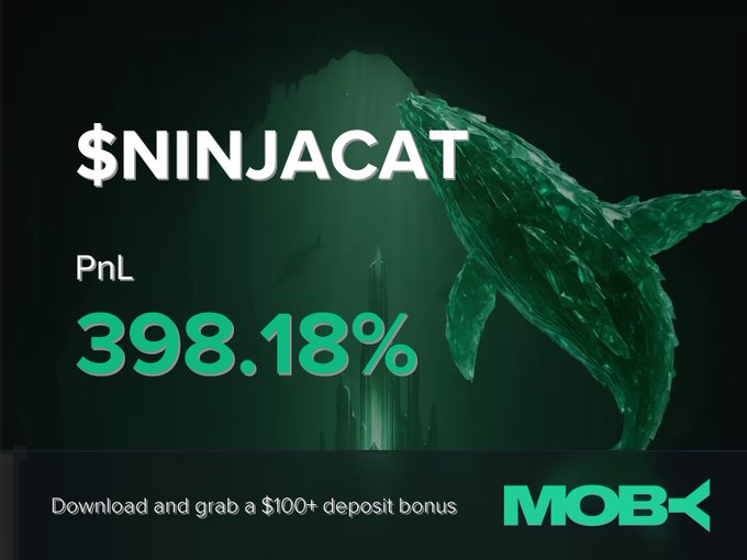 A promotional graphic from Moby Mobile showcases a winning trade alert, featuring a dark underwater scene with a whale image and bold text highlighting "$NINJACAT" with an impressive "PnL 398.18%," along with a call-to-action offering a "$100+ deposit bonus" alongside the Moby logo.