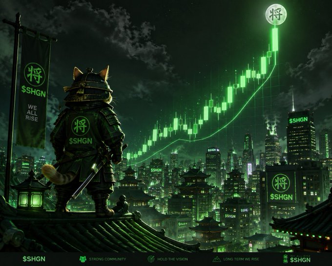 A digital illustration of a cat in samurai armor looking over a green-lit city featuring '$SHGN' tokens, with a rising stock chart and banners reading 'WE ALL RISE', 'STRONG COMMUNITY', 'HOLD THE VISION', and 'LONG-TERM WE RISE'.