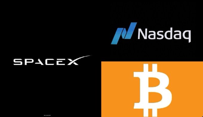 The image displays the SpaceX, Nasdaq, and Bitcoin (₿) logos against a black and orange background, visually representing the key entities mentioned in the post—SpaceX's anticipated inclusion in the Nasdaq-100 index and its connection to Bitcoin holdings alongside other Nasdaq-100 companies.