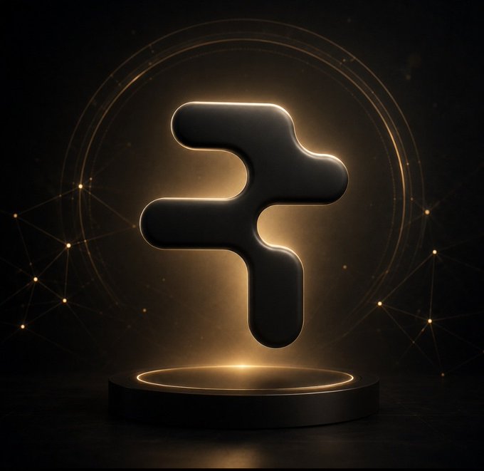 A glowing 3D black symbol resembling a stylized 'F' or tree shape displayed on a circular pedestal with golden light and network lines in the background.