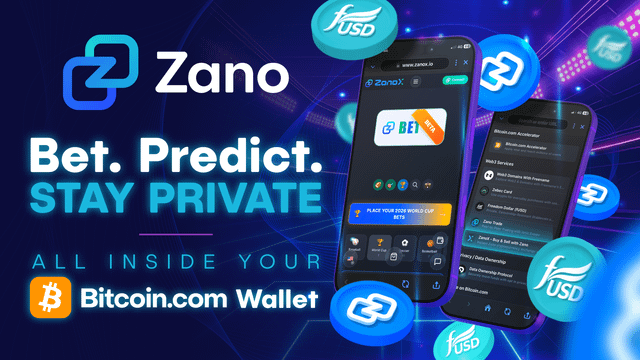Promotional graphic for Zano crypto betting platform on Bitcoin.com Wallet with the tagline 'Bet. Predict. STAY PRIVATE ALL INSIDE YOUR' and fUSD token imagery.