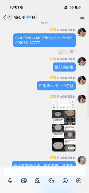 A Chinese chat screenshot from a group called "钻石手 💎(14)" showing messages including a crypto address (0x10f556e4f497ffb2cc5cccfc2c71001061e87777) and Chinese text like "巨好笑的梗" and "和狗奶牛来一个思路".