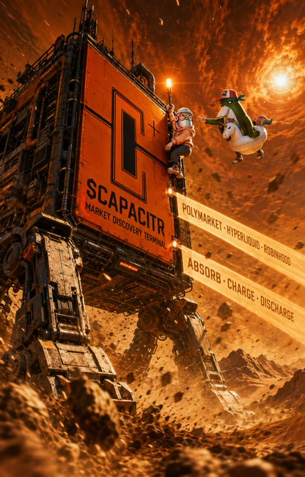 A stylized, sci-fi illustration of a massive orange mechanical walker labeled 'SCAPACITR MARKET DISCOVERY TERMINAL,' featuring a character and a creature riding on its side against a fiery, apocalyptic backdrop.
