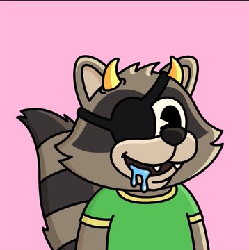 The image depicts a cartoon raccoon wearing a green shirt and an eyepatch with horns poking out from the edge, smiling and spitting froth, and seemingly enjoying a partial meal, and the caption references this artwork by calling it the completion of a 6x6 grid seemingly of raccoon images. It is likely that this raccoon replaces the usual raccoon image in a running joke or meme.