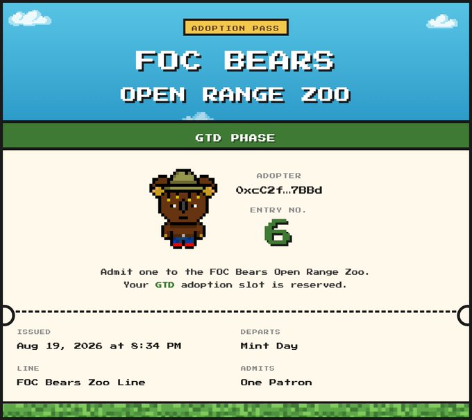 A pixel art 'ADOPTION PASS' for 'FOC BEARS OPEN RANGE ZOO' showing entry number 6, adopter address 0xcC2f...7BBd, issued August 19, 2026.