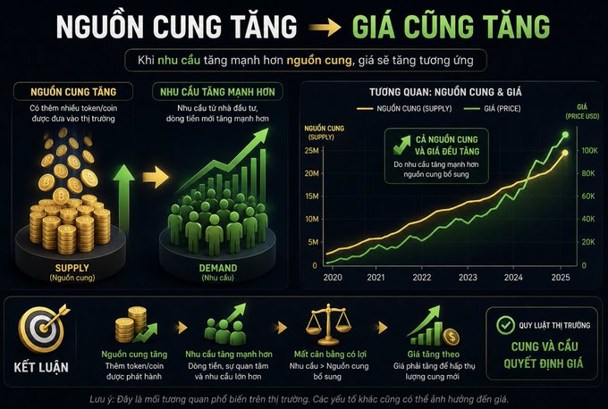 Vietnamese-language infographic explaining the economic principle 'NGUỒN CUNG TĂNG → GIÁ CŨNG TĂNG' (Supply increases → Price also increases), featuring a chart showing both supply and price of a cryptocurrency rising from 2020 to 2025.