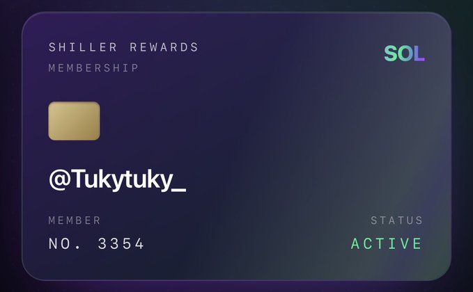 The image shows a credit card with a purple background, featuring a gold square that displays the text "Solana" along with a social media account name "@TukkyTukvy". The card also has a status bar indicating its active status. The caption of the image reads "Why aren't you bullposting Solana? Vibhu just dropped alpha", suggesting that the credit card is being used for online purchases or transactions related to Solana, and the post is about the card's usage in the context of social media activity.
