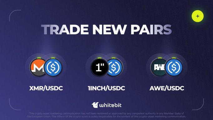 WhiteBIT promotional graphic announcing the addition of three new trading pairs—XMR/USDC, 1INCH/USDC, and AWE/USDC—displayed beneath the headline "TRADE NEW PAIRS," matching the accompanying post's announcement of these new listings.