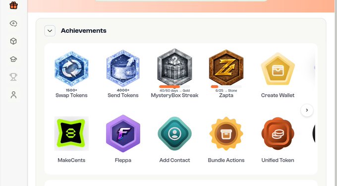 A screenshot of an Achievements dashboard showing various hexagonal badges including 'Swap Tokens', 'Send Tokens', 'MysteryBox Streak', 'Zapta', 'Create Wallet', 'MakeCents', 'Fleppa', 'Add Contact', 'Bundle Actions', and 'Unified Token'.