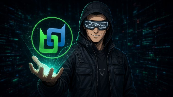A digital illustration depicts a hooded figure wearing LED sunglasses, holding a glowing green and blue logo in their hand against a dark digital background.