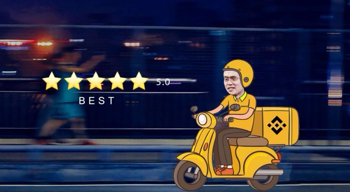 An illustrated graphic of a delivery driver on a yellow scooter with a 5.0 'BEST' star rating, suggesting top-tier food delivery service.