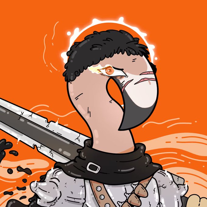 Cartoon illustration of a stylized character with a flaming eye, a large mustache, and medieval-style armor with a sword, set against an orange background.