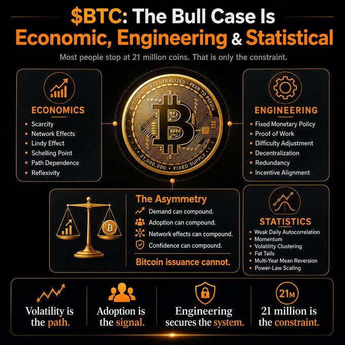 An infographic titled "$BTC: The Bull Case Is Economic, Engineering & Statistical" features a central Bitcoin coin and is divided into three pillars—Economics (scarcity, network effects, Lindy effect, Schelling point, path dependence, reflexivity), Engineering (fixed monetary policy, proof of work, difficulty adjustment, decentralization, redundancy, incentive alignment), and Statistics (weak daily autocorrelation, momentum, volatility clustering, fat tails, multi-year mean reversion, power-law scaling)—with a central "Asymmetry" section and four bottom takeaways highlighting that "21 million is the constraint."