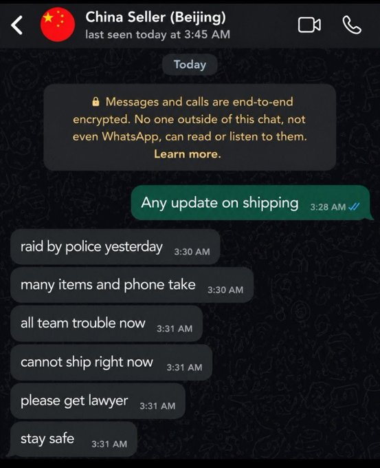 A WhatsApp screenshot shows a chat with "China Seller (Beijing)" where, after being asked about shipping updates, the seller reports that police raided them yesterday, took items and a phone, and advises getting a lawyer and staying safe because they cannot ship right now. The exchange ties to the post's claim of receiving this alarming response when inquiring about a shipment from the MegaETH team.