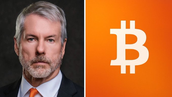 A side-by-side image showing a serious-looking man in a suit with an orange tie next to an orange panel displaying the Bitcoin (₿) logo, visually representing Michael Saylor's Strategy company and its new plan to sell up to $5 billion in Bitcoin — a notable departure from its previously held "never sell" stance.