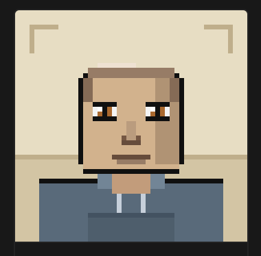 Pixel art portrait of a brown-skinned character with orange eyes and a neutral expression, rendered in a Minecraft-like style.