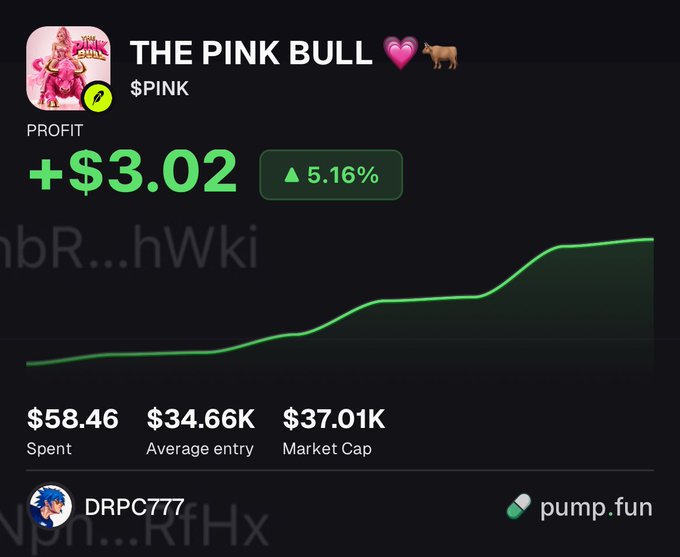 A trading chart for 'THE PINK BULL' ($PINK) on pump.fun shows a profit of +$3.02 (5.16%), with $58.46 spent and a market cap of $37.01K.