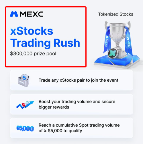 A promotional graphic for the MEXC 'xStocks Trading Rush' with a $300,000 prize pool, highlighting a Tokenized Stocks theme with a trophy illustration and rules for participation.
